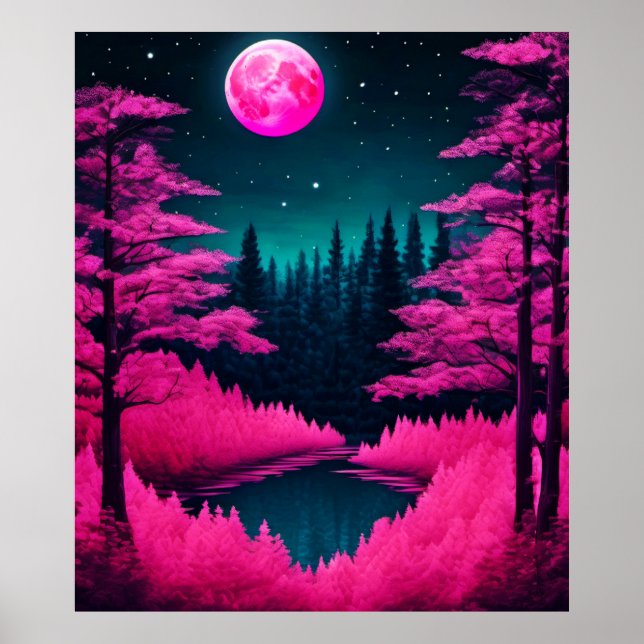 Neon Moonlit Forest Fantasy Art Poster (Vorne)