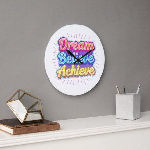 Neon-Motivationszitat 'Träume glauben erreichen' Große Wanduhr