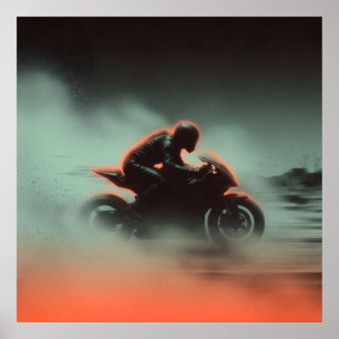 Neon-Motorradfahrer in Regen und Nebel Poster