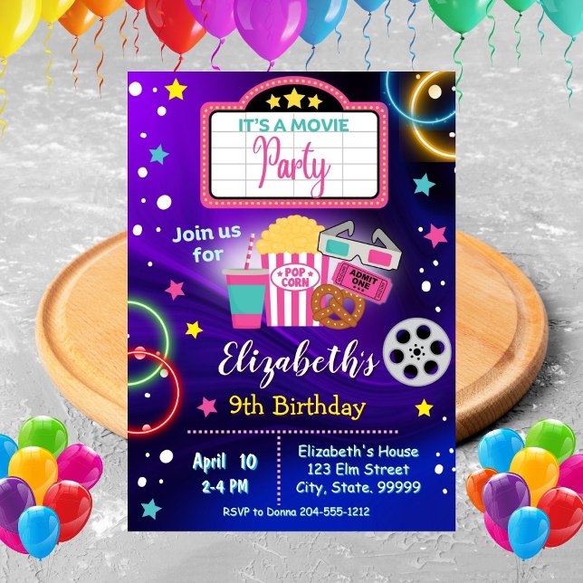 Neon Movie Night Girl Birthday Party Invitation (Créateur téléchargé)