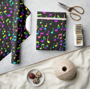 Neon Musical Notes on Black Geschenkpapier