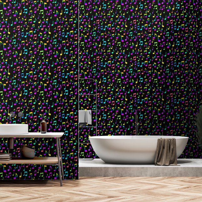 Neon Musical Notes on Black Tapete (Badezimmer)