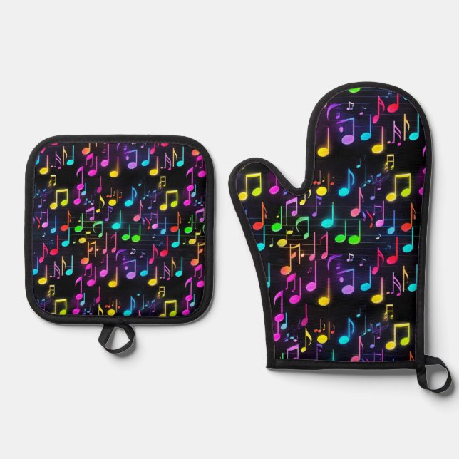 Neon Musiknoten auf schwarz Ofenhandschuh & Topflappen-Set (Vorderseite)