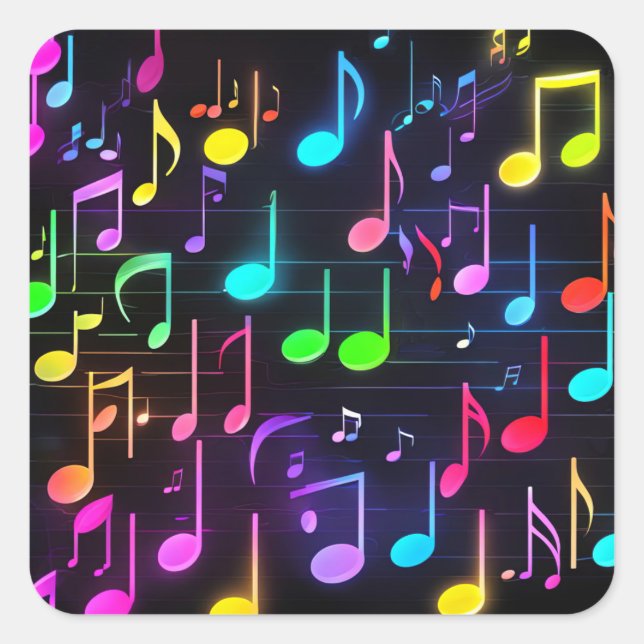 Neon Musiknoten auf schwarz Quadratischer Aufkleber (Vorderseite)