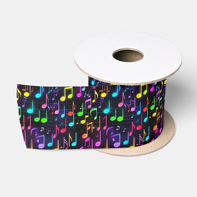 Neon Musiknoten auf schwarz Satinband (Spule)