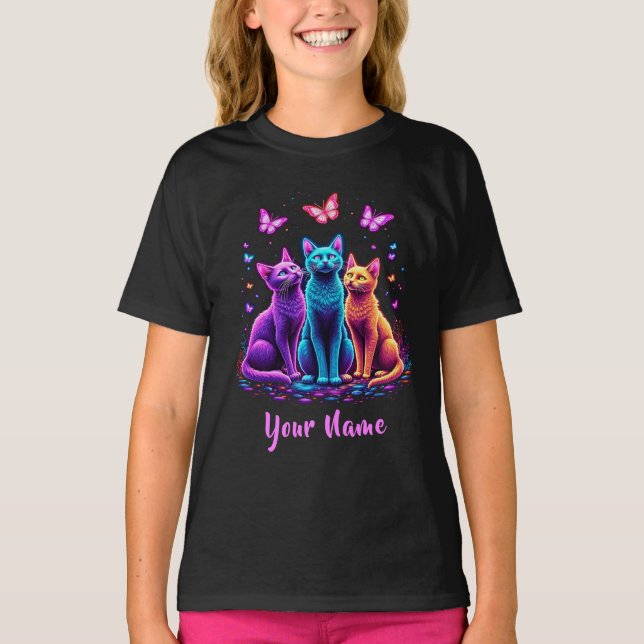 Neon Mystic Cats – Custom Name Psychedelic T-Shirt (Vorderseite)