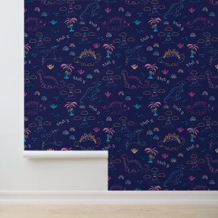 Neon-Navy-Dinosaur-Doodle-Tapete Tapete