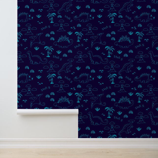 Neon Navy Dinosaur Doodle Wallpaper Tapete (Anwendung)