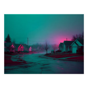 Neon-Nebel-Vorstadtszene-Druck Poster