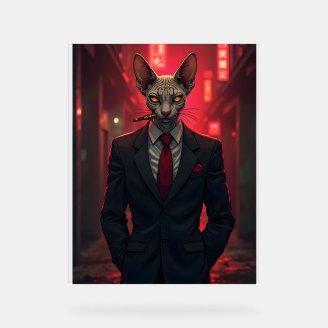 Neon Noir Sphynx Cat in Mafia Style Acrylschild (Vorderseite)