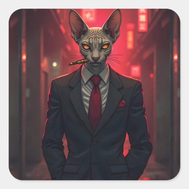 Neon Noir Sphynx Cat in Mafia Style Quadratischer Aufkleber (Vorderseite)