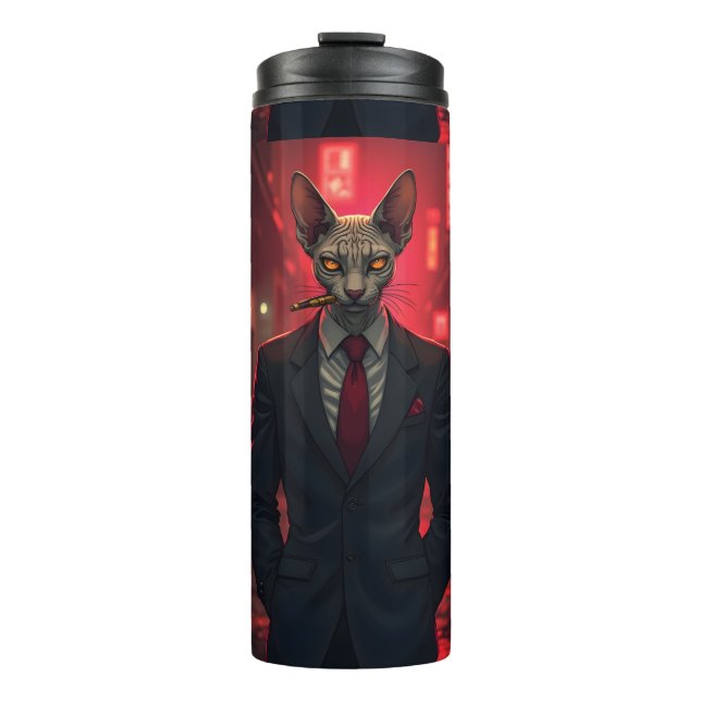 Neon Noir Sphynx Cat in Mafia Style Thermosbecher (Vorderseite)