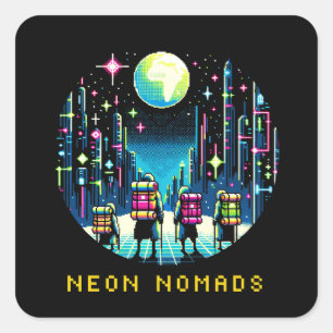 Neon Nomads 8 bit - Cyberpunk City Adventure Quadratischer Aufkleber