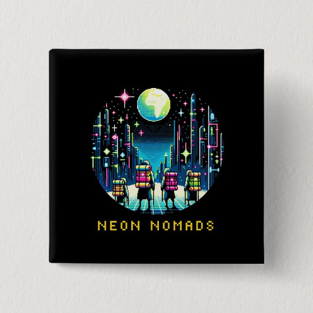 Neon Nomads - Cyberpunk Pixel Art Travel Design Button (Vorderseite)