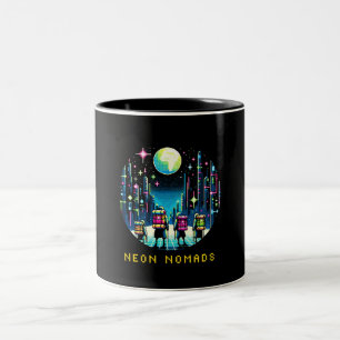 Neon Nomads - Cyberpunk Pixel Art Travel Design Zweifarbige Tasse