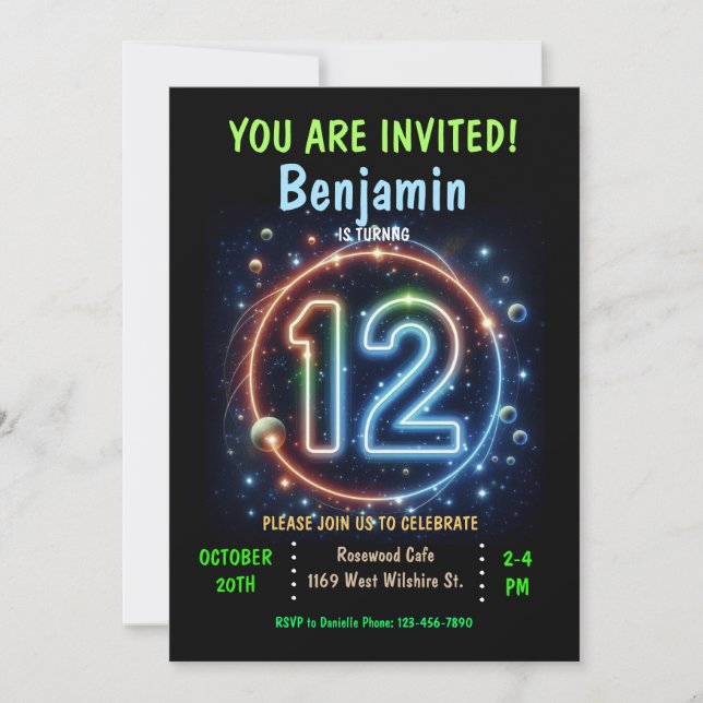 Neon Number Boy 12. Geburtstag Einladung (Vorderseite)