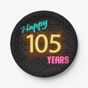 Neon Nummer 105 auf Ziegelwand Pappteller