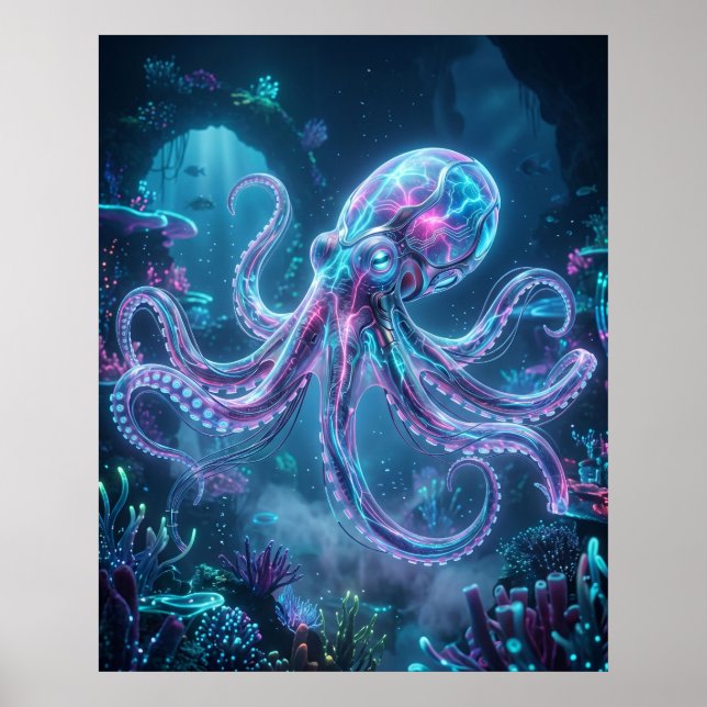 Neon-Oktopus Datenriff Poster (Vorne)