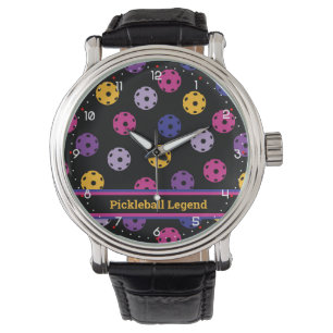 Neon on Black Pickleball, benutzerdefinierter Text Armbanduhr
