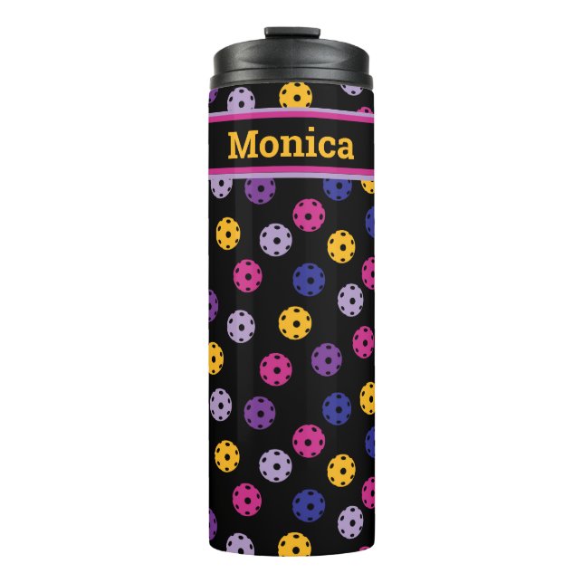 Neon on Black Pickleball, individuelle Name  Thermosbecher (Vorderseite)