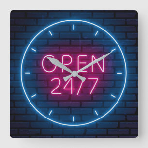 Neon Open Sign Square Wall Clock Quadratische Wanduhr