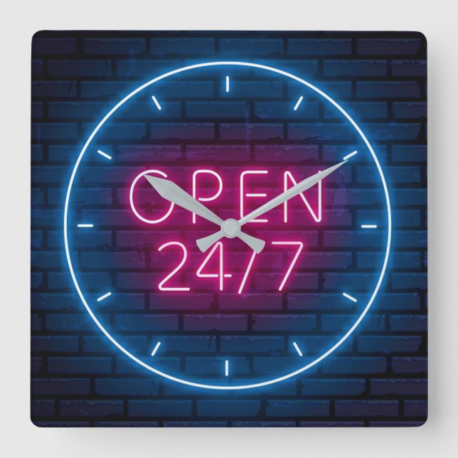 Neon Open Sign Square Wall Uhr (Vorderseite)