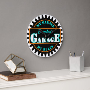 Neon Orange Türkis Blau Garage Text auf Schwarz Große Wanduhr