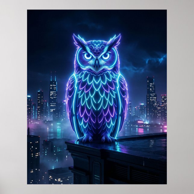 Neon Owl Midnight Skyline Poster (Vorne)