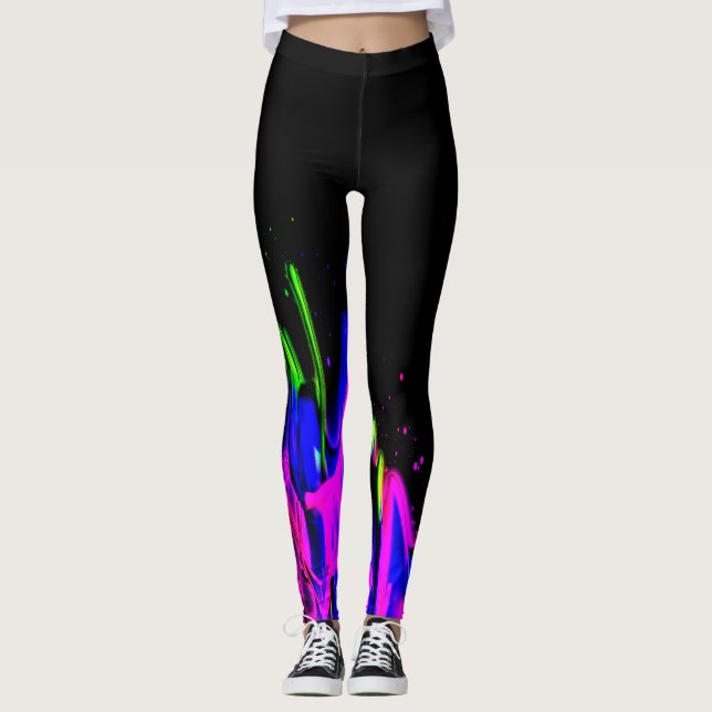 Neon Paint Splash Blau Rosa Grün und Schwarz Leggings (Vorderseite)