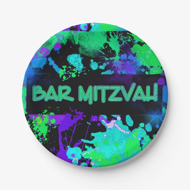 Neon, Paint Spritzer, Bar Mitzvah Pappteller (Vorderseite)