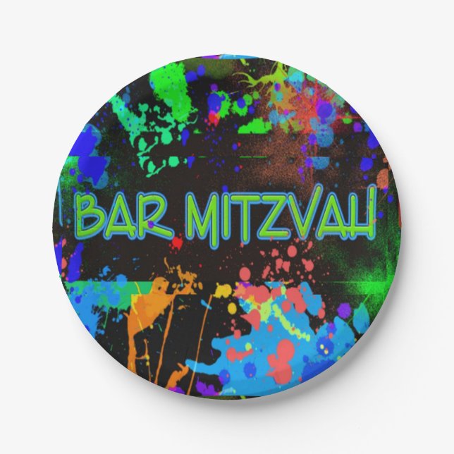 Neon, Paint Spritzer, Bar Mitzvah Pappteller (Vorderseite)