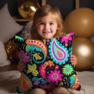 Neon Paisley Black Pink Blue Colorful Kissen
