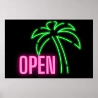 Neon Palm Tree Green & Pink Open Sign Poster