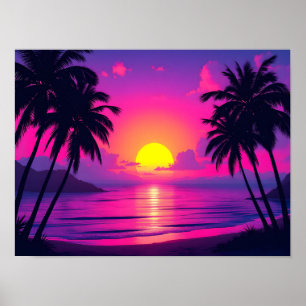 Neon-Palmen-Sonnenuntergang – Vaporwave-Tropen-Äst Poster