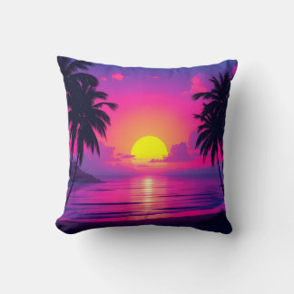 Neon-Palmsonnenuntergang und Blauglühende Oase Kis Kissen