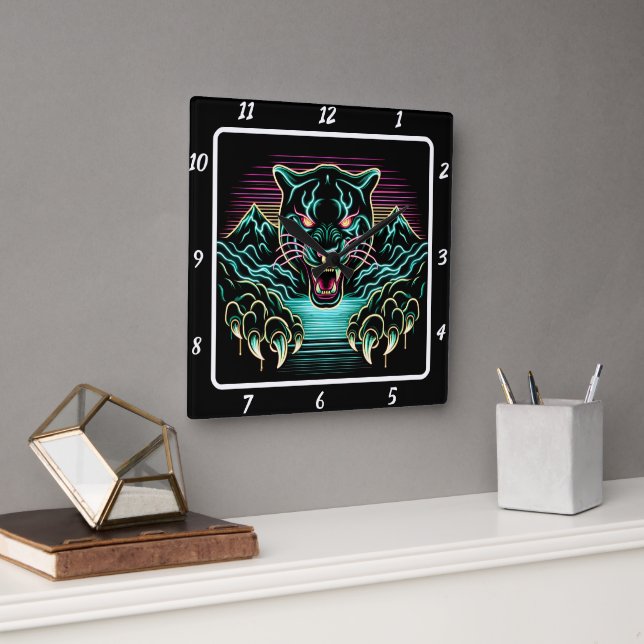 Neon Panther Glow Quadratische Wanduhr (Büro)