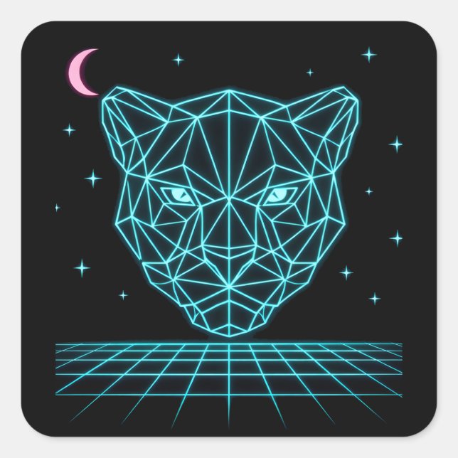 Neon Panther - Synthwave-Dunkle Elektrik Quadratischer Aufkleber (Vorderseite)