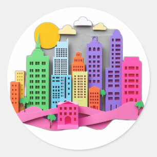 Neon Paper Cityscape Cutout Art Runder Aufkleber