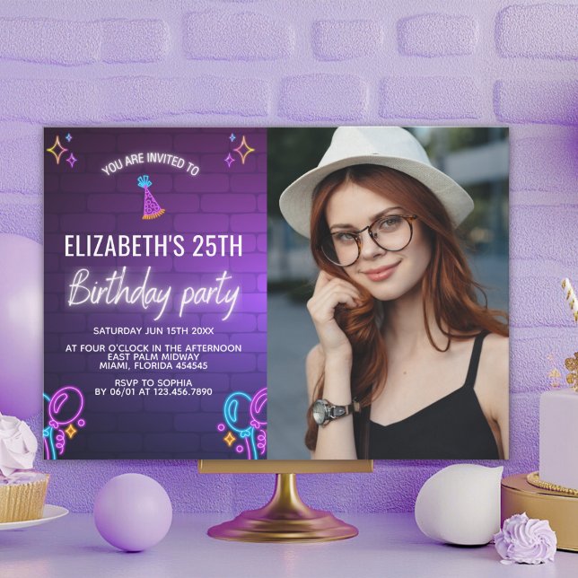 Neon Party Birthday Invitation Photo Design Einladung (Von Creator hochgeladen)