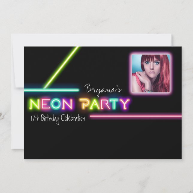 NEON PARTY Glow Photo Anniversaire Fête Invitation (Devant)