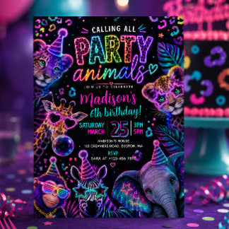 Neon-Party-Tiere Geburtstag Einladung