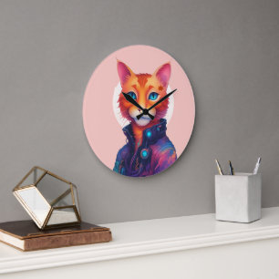 "Neon Paws: The Ginger, Blue-Mit Augen Cyberpunk C Große Wanduhr