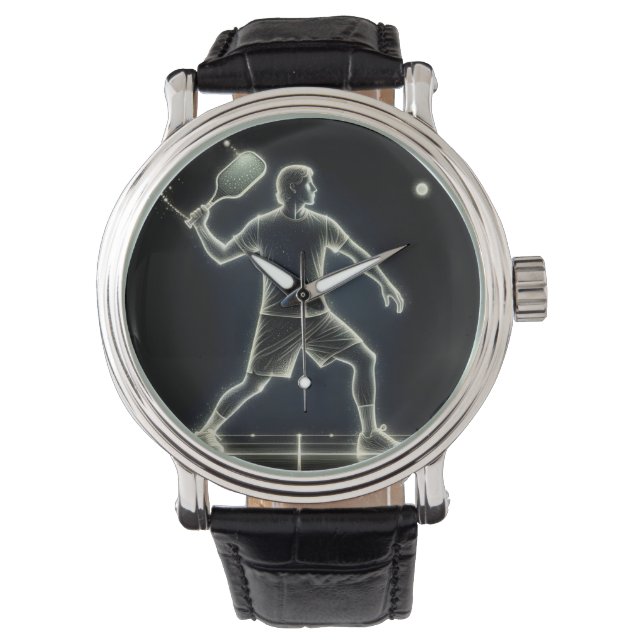 Neon Pickleball Player mit Paddel Armbanduhr (Vorderseite)