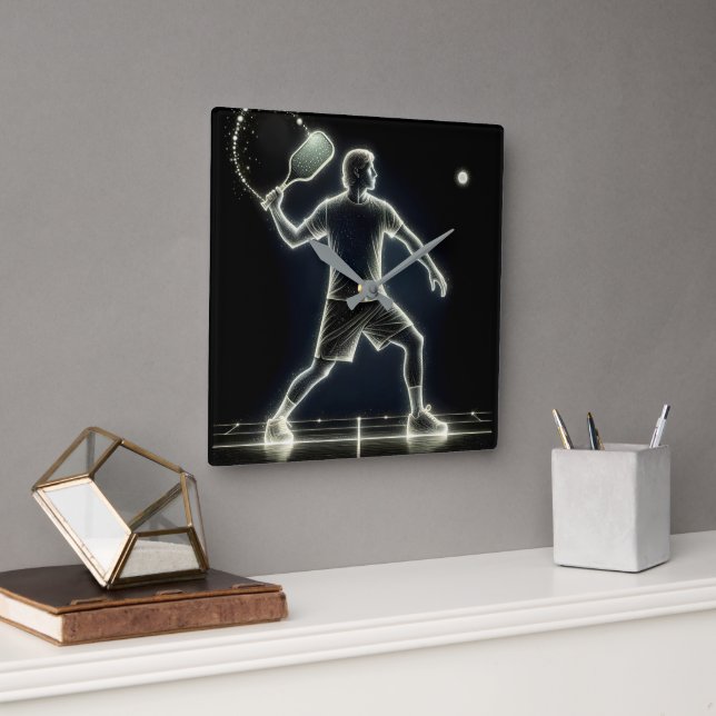 Neon Pickleball Player mit Paddel Quadratische Wanduhr (Büro)