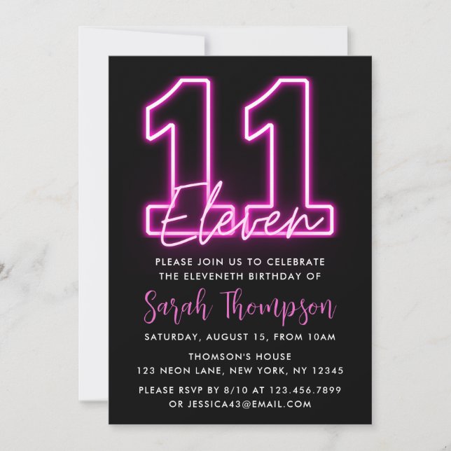 Neon Pink 11e anniversaire Invitation (Devant)