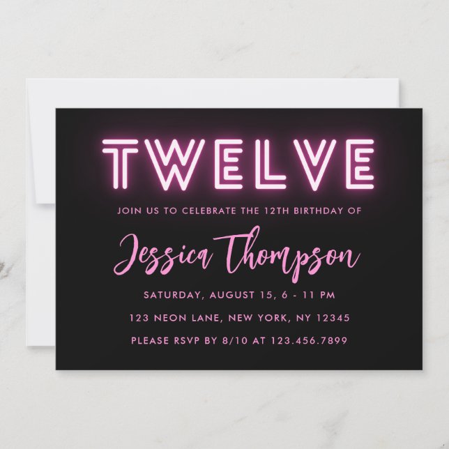 Neon Pink 12e anniversaire Invitation (Devant)