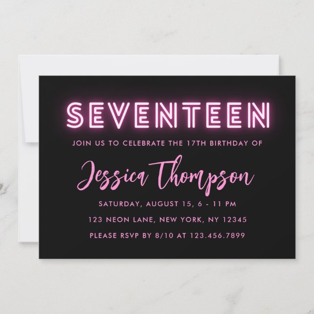 Neon Pink 17e anniversaire Invitation (Devant)