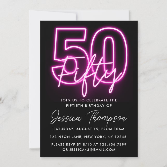 Neon Pink 50th Birthday Invitation (Devant)