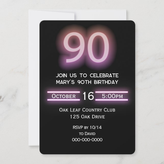 Neon Pink 90. Geburtstagsparty Einladung (Vorderseite)