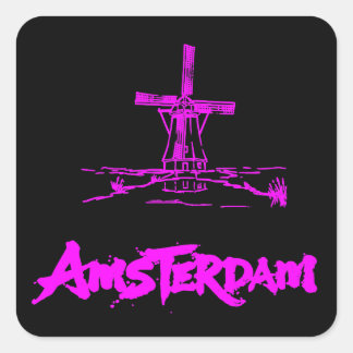 Neon Pink Amsterdam Windmühle Skizze Modern Schwar Quadratischer Aufkleber
